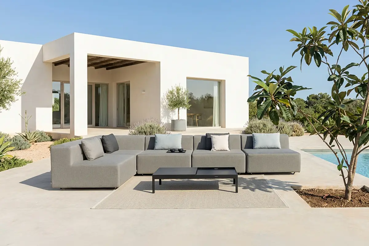 Garten Lounge Set auf Terrasse mit eiem Ecksofa vor einer Villa