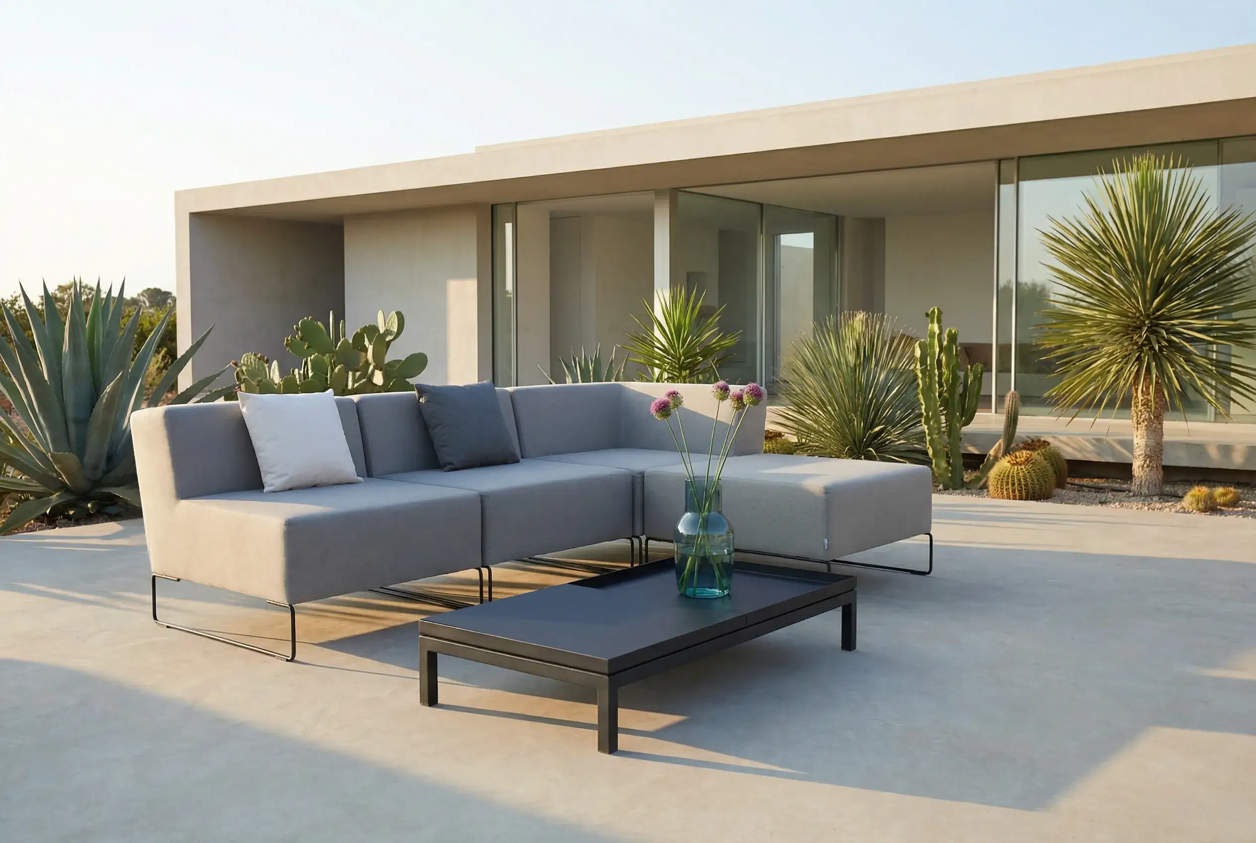 Zwei Garten Lounge Sessel in der Abendsonne am Meer