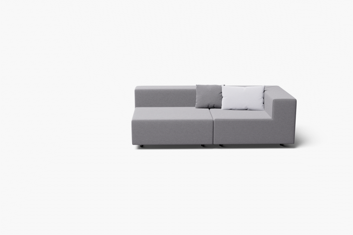 Animation eines modulares Garten Lounge Sets: Ecksofa mit 3 Outdoorsesseln, 1 Eckelement, 1 Outdoorhocker und 3 Outdoorkissen