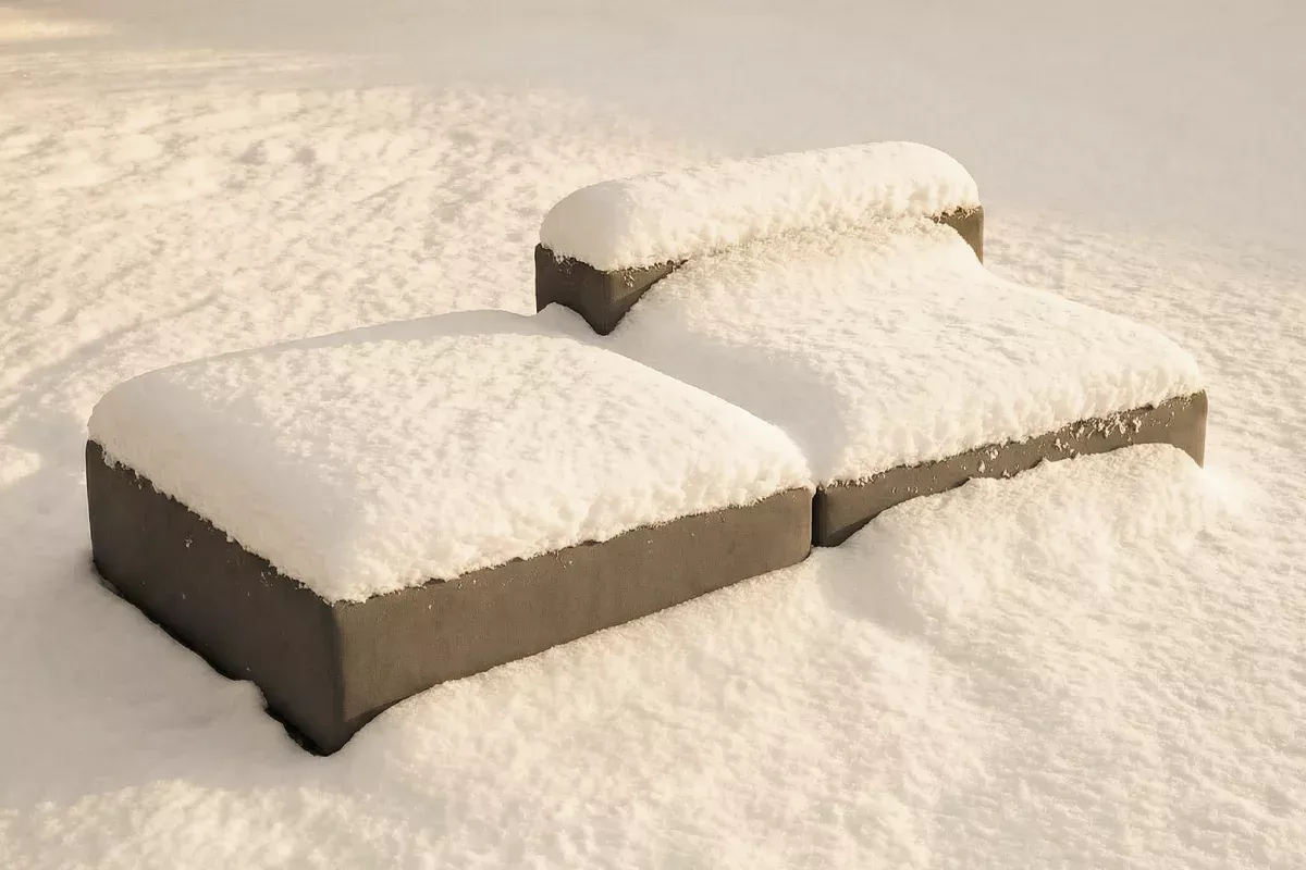Wetterfeste Gartenmöbel mit Schnee bedeckt