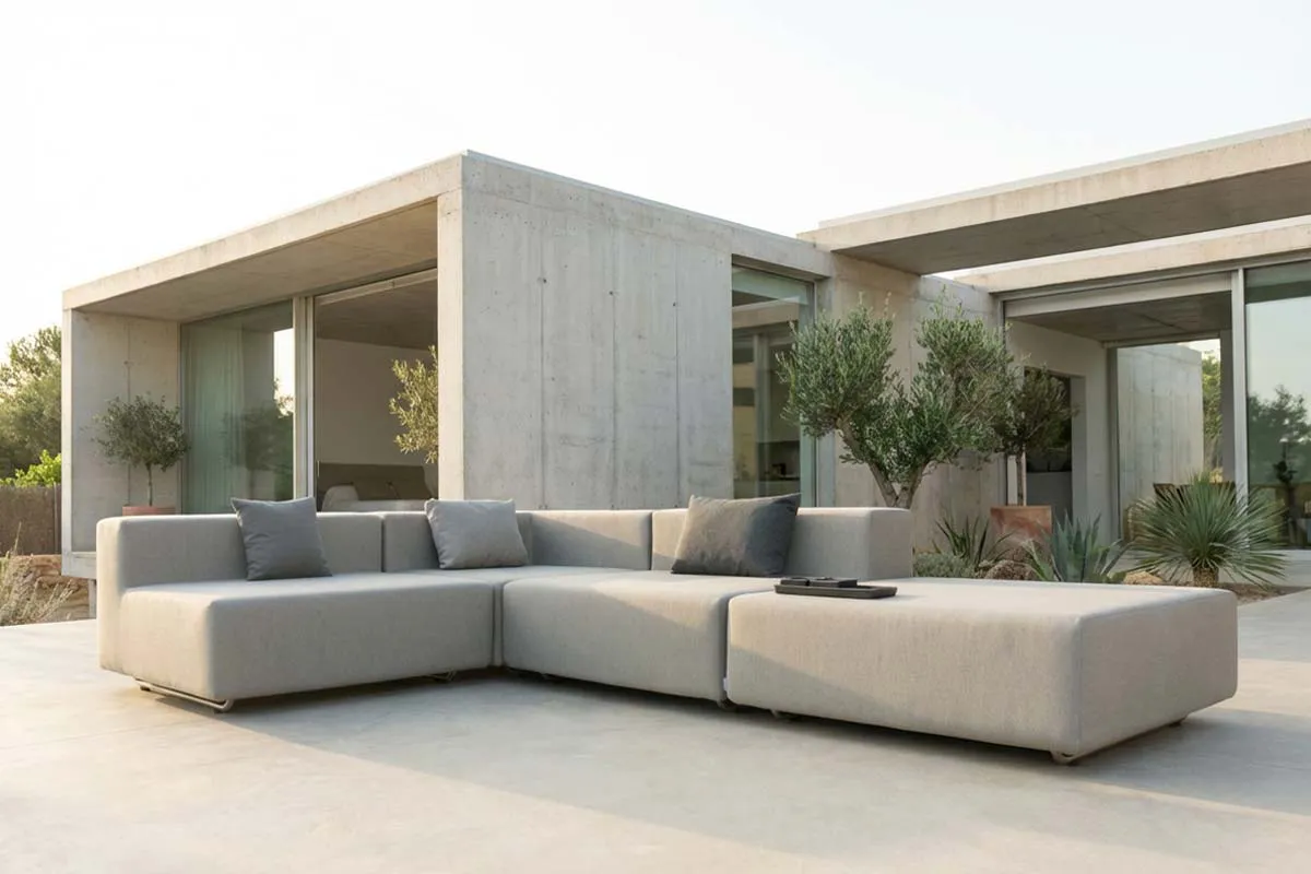 Design Lounge Gartenmöbel Set vor einer Designer-Villa